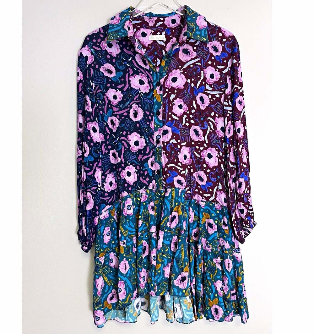 Alivia Floral Shirt Dress Button Front Artsy Ruffle Viscose Size Medium